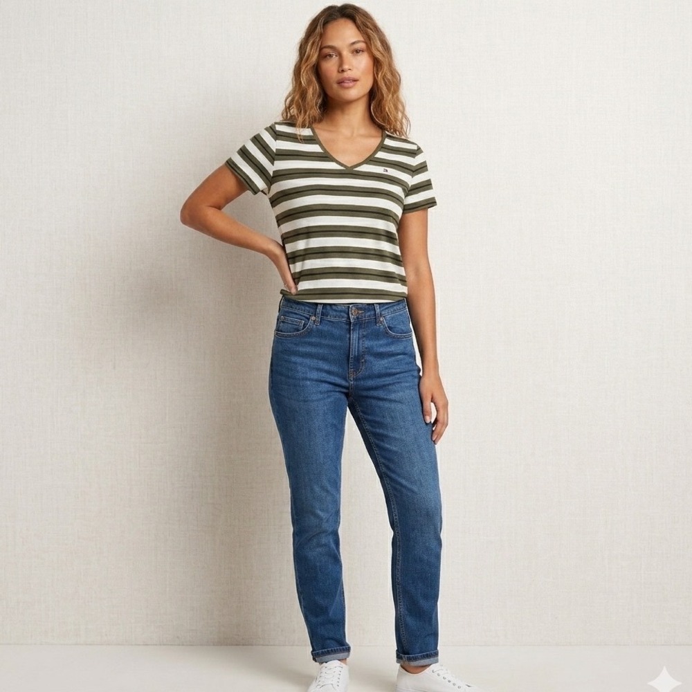 Tommy Hilfiger Womens XL V-Neck Striped T-Shirt Olive Green White preppy summer